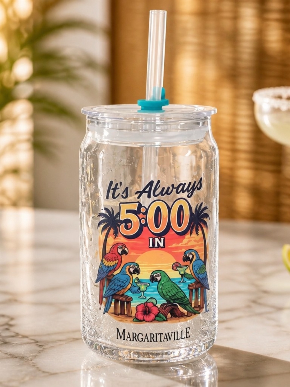 Margaritaville Clear Tumbler with Colorful Parrot Sunset Graphic